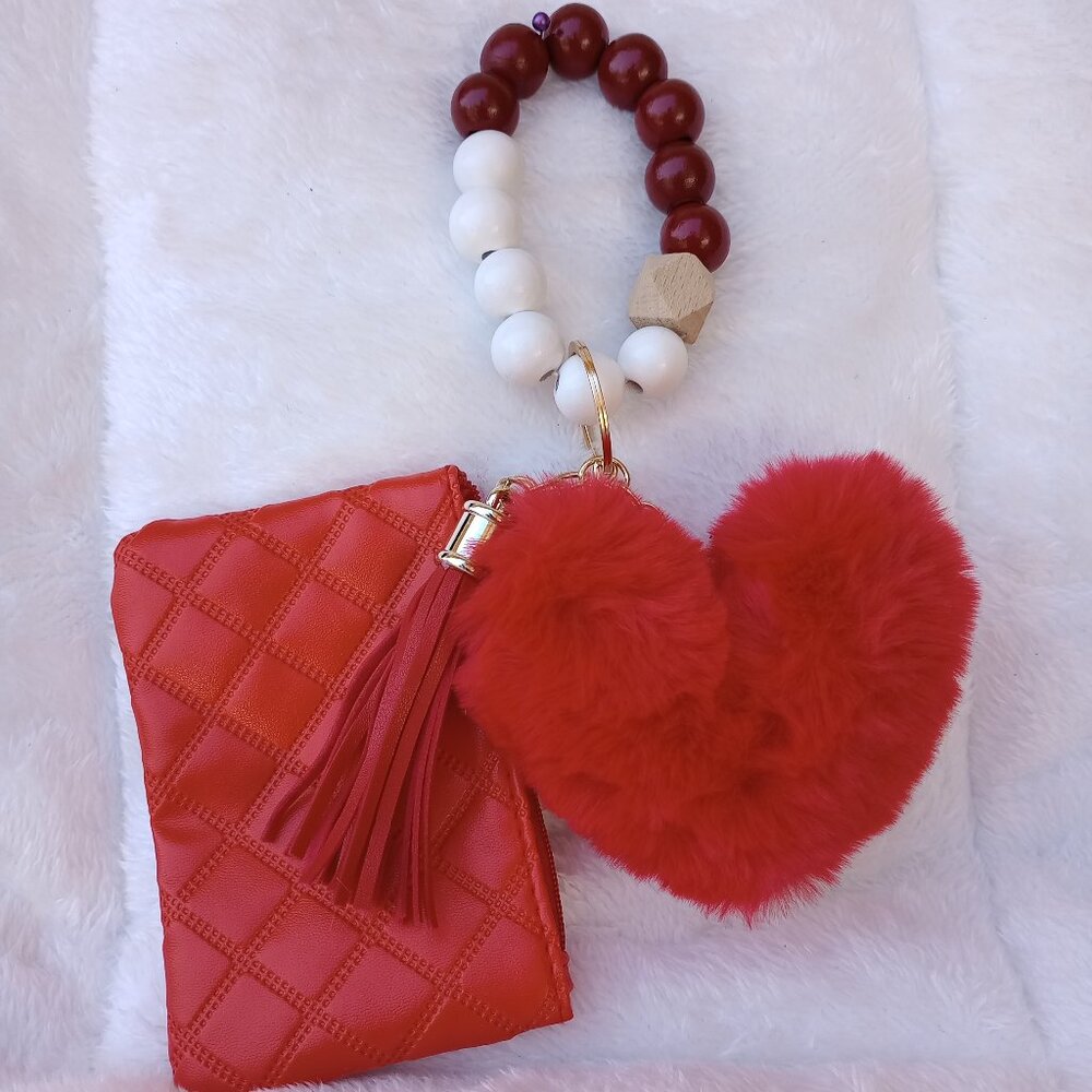 Chic Wallet with Wristlet, tasel and Hear Pom Pom